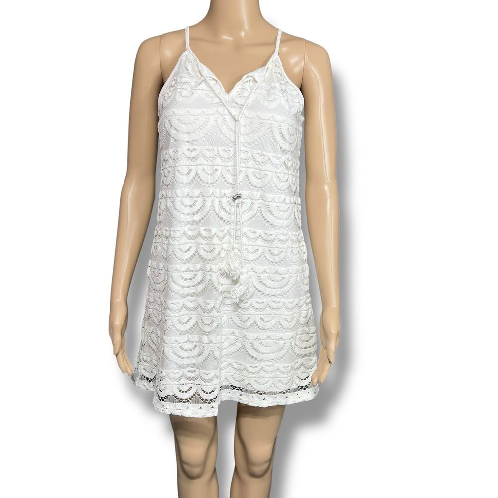 Lily Rose Womens Lace A Line Dress Mini Length V Neck Halter Top White Small